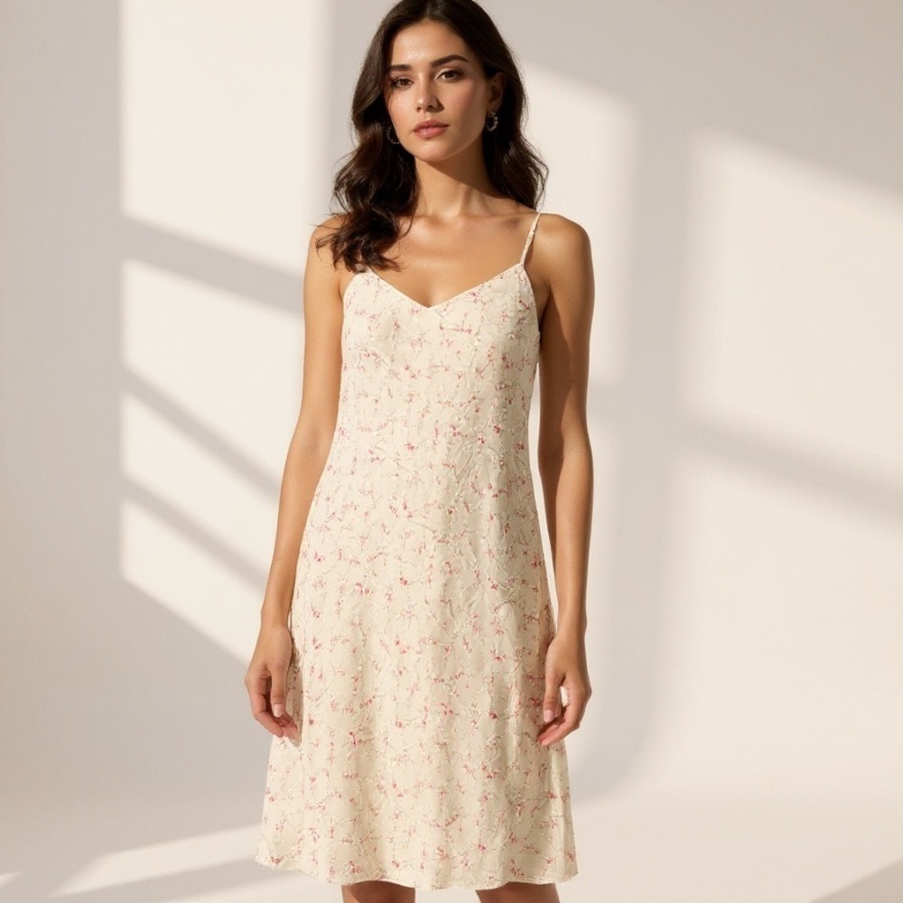 VTG Y2K Charlotte Russe Womens medium Beige Dress with Pink Floral Accents - Picture 1 of 6